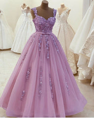 Sweetheart Ball Gown Prom Dresses 3D Lace Flowers Straps