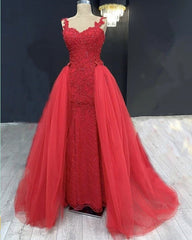 Sweetheart Mermaid Prom Dresses Lace Beaded Removable Skirt