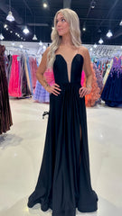 Sweetheart Black Satin Long Prom Dress, AST1568