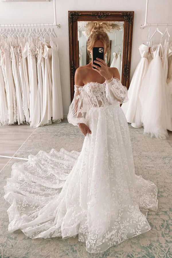 Sweetheart Bohemian Lace Wedding Dress With Detachable Puff Sleeves TN357