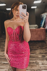 Sweetheart Homecoming Dresses Fuchsia Sequin Mini Party Gown, AST1055