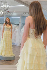 Sweetheart Lace Chiffon Corset Long Yellow Prom Dresses TP1294