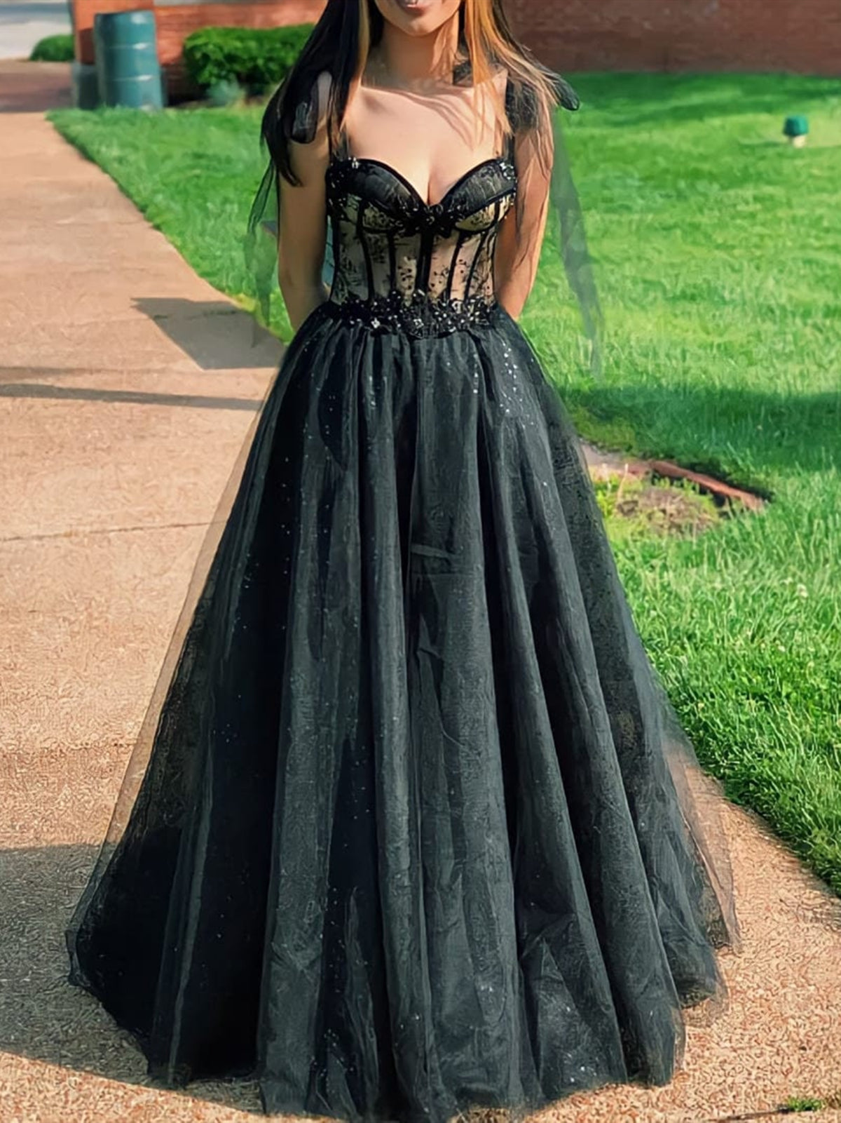 Sweetheart Neck Back Tulle Long Prom Dresses, Black Lace Long Formal Graduation Dresses