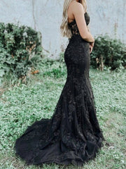 Sweetheart Neck Black Lace Mermaid Prom Dresses Long, Black Mermaid Lace Formal Graduation Dresses