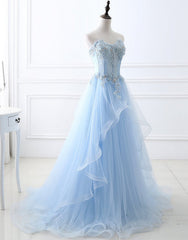 Sweetheart Neck Blue Lace Prom Dresses, Light Blue Lace Formal Evening Dresses