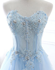 Sweetheart Neck Blue Lace Prom Dresses, Light Blue Lace Formal Evening Dresses