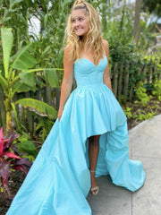 Sweetheart Neck High Low Blue Satin Prom Dresses, Blue Satin High Low Formal Graduation Dresses