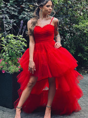 Sweetheart Neck High Low Red Tulle Long Prom Dresses, High Low Red Formal Dresses, Red Evening Dresses