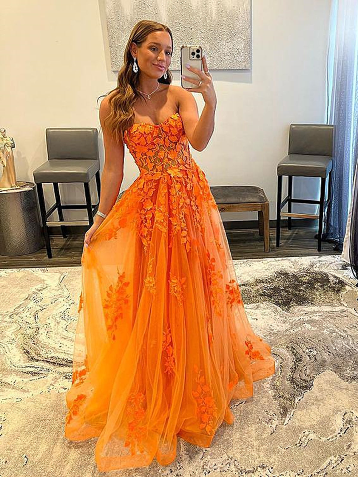 Sweetheart Neck Orange Lace Prom Dresses Long, Orange Floral Lace Formal Graduation Dresses