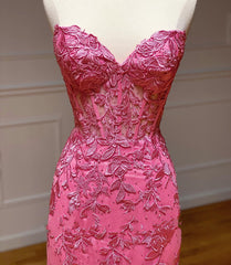 Sweetheart Neck Pink Mermaid Lace Prom Dresses, Pink Mermaid Lace Formal Graduation Dresses