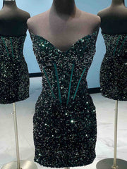Sweetheart Neck Short Burgundy Black Dark Green Sequins Prom Dresses, Short Wine Red Black Green Formal Homecoming Dresses