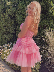 Sweetheart Neck Short Lace Prom Dresses, Short Lace Puffy Formal Homecoming Dresses