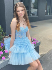 Sweetheart Neck Short Lace Prom Dresses, Short Lace Puffy Formal Homecoming Dresses