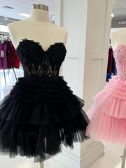 Sweetheart Neck Short Lace Prom Dresses, Short Lace Puffy Formal Homecoming Dresses