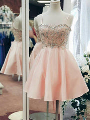 Sweetheart Neck Short Pink Prom Dresses, Short Pink Beaded Homecoming Graduation Dresses
