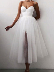 Sweetheart Neck White Tea Length Prom Dresses, Tea Length White Formal Graduation Dresses