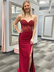 Sweetheart Neck Wine Red Long Lace Mermaid Prom Dresses, Burgundy Long Lace Mermaid Formal Evening Dresses