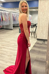 Sweetheart Neck Wine Red Long Lace Mermaid Prom Dresses, Burgundy Long Lace Mermaid Formal Evening Dresses