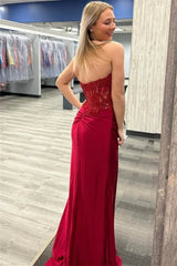 Sweetheart Neck Wine Red Long Lace Mermaid Prom Dresses, Burgundy Long Lace Mermaid Formal Evening Dresses