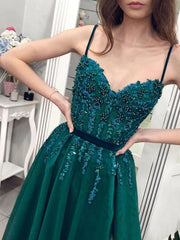 Sweetheart Spaghetti Straps Long Prom Dress, Long Beaded Green Formal Graduation Dresses