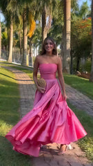 Strapless A-line Satin Prom Dress With Side Slit, AST1733