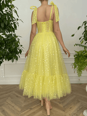 Sweetheart Yellow Neck Tulle Prom Dresses Tea Length Evening Dresses TP1129