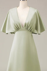V-Neck Short Sleeves A-Line Satin Bridesmaid Dress