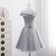 Simple Off Shoulder Grey Tulle Applique Bridesmaid Dresses, Knee Length Formal Dress, Party Dresses