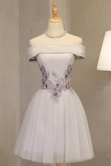 Light Grey Formal Dress, Off Shoulder Knee Length Prom Dress, Party Dress
