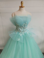 Green  A-Line Tulle Lace Long Prom Dress, Green Sweet 16 Dress
