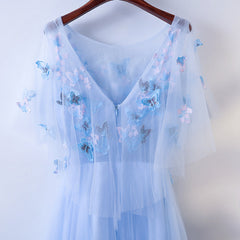 Simple A-line Blue Tulle with Lace Applique, Blue Floor Length Prom Dress