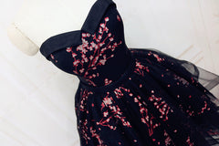 Simple Short Black Tulle Party Dress with Floral, Lovely Short Prom Dress