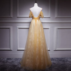 Champagne Lace Off Shoulder Long Party Dress 2022, Cute Tulle Formal Dress Prom Dress