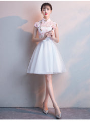 White Lace and Tulle High Neckline Short Graduation Dresses, Lovely White Short Party Dresses