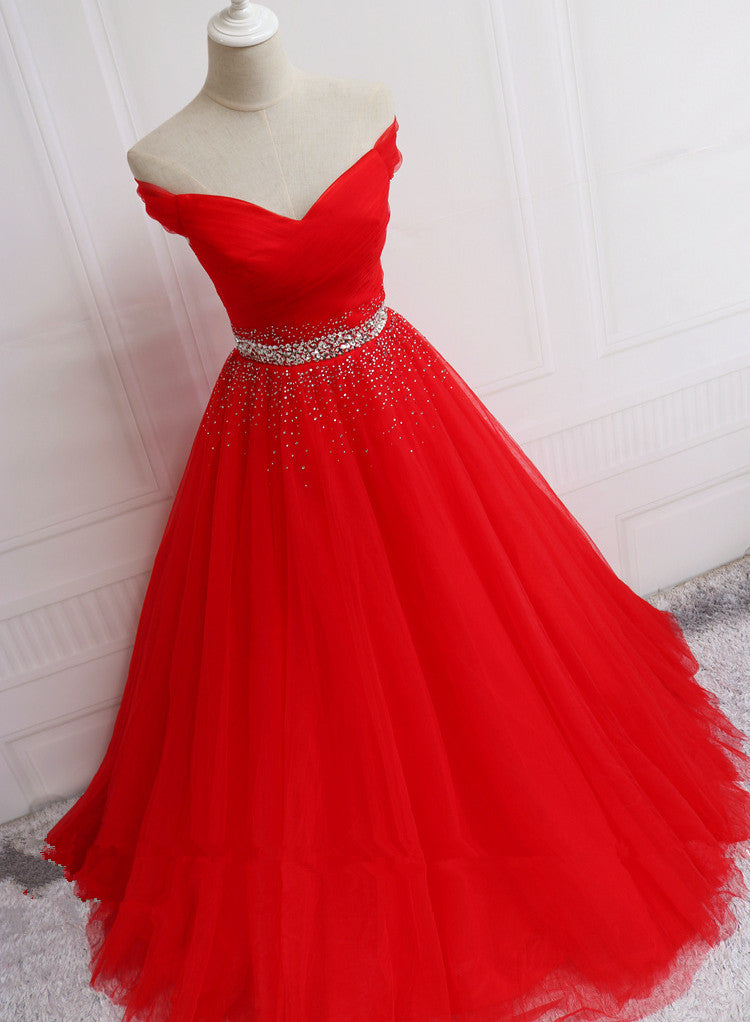 Beautiful Red Tulle Off Shoulder Long Formal Gown , Red Sweet 16 Dresses