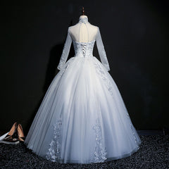 Grey Tulle Long Sleeves Sweetheart Party Dress, Long Evening Gown