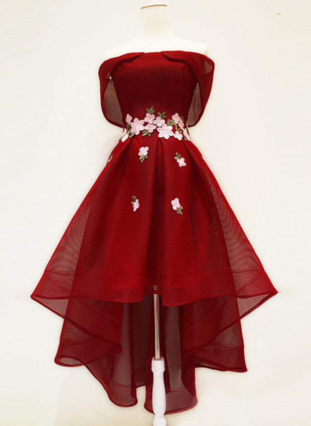 Wine Red High Low Off Shoulder Homecoming Dress, Dark Red Prom Dress