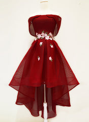 Wine Red High Low Off Shoulder Homecoming Dress, Dark Red Prom Dress