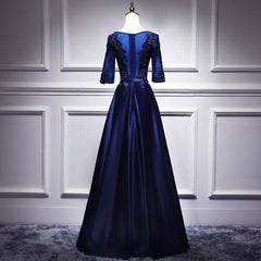 Navy Blue Satin with Lace Short Sleeves Long Prom Dresses, Blue Evening Dresses Formal Dress