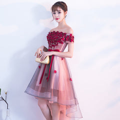 Pink High Low Tulle Party Dress with Flowers, Pink Homecoming Dresses