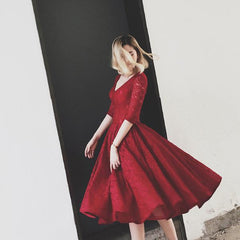Lovely V Neck Half Sleeves Wine Red Lace Homecoming Dress, Tea Length Prom Dress
