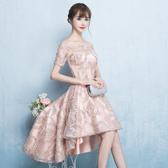 Beautiful Champagne High Low Lace Homecoming Dress, Off Shoulder Prom Dress