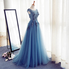 Custom Made Round Neck Sleeveless Lace Prom Dress, Blue Lace Formal Dress