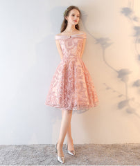 Pink Lace Off Shoulder Short Party Dress Homecoming Dress, Pink Prom Dress Formal Dress