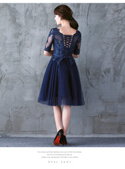 Navy Blue Lace Short Sleeves Tulle Short Homecoming Dress, Blue Tulle Prom Dress Formal Dress