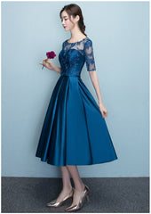 Lovely Blue Short Sleeves Lace and Satin Party Dress, Blue Homecoming Dresses