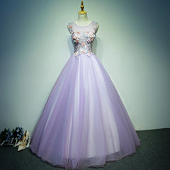 Light Purple Tulle Long Sweet 16 Formal Dress with Lace, Purple Prom Dress