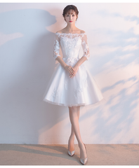 White Lace Short Sleeves Homecoming Dress Party Dress, White Formal Dress Prom Dress