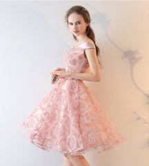 Pink Lace Off Shoulder Short Party Dress Homecoming Dress, Pink Prom Dress Formal Dress