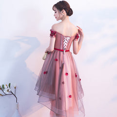 Pink High Low Tulle Party Dress with Flowers, Pink Homecoming Dresses